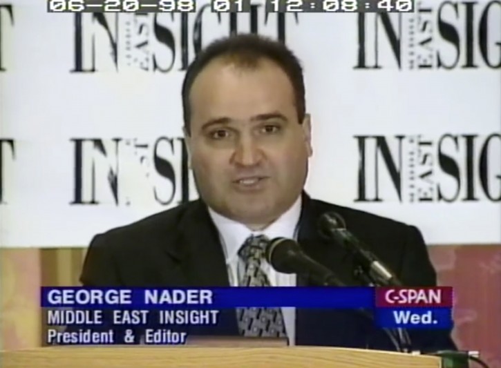 FILE - This 1998 frame from video provided by C-SPAN shows George Nader, president and editor of Middle East Insight. Nader, an adviser to the United Arab Emirates who is now a witness in the U.S. special counsel investigation into foreign meddling in American politics, wired $2.5 million to Donald Trump's fundraiser, Elliott Broidy, through a company in Canada, according to two people who spoke on the condition of anonymity because of the sensitivity of the matter. (C-SPAN via AP, File)