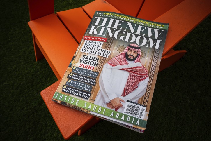 A glossy magazine about Saudi Arabia is photographed in Washington, Monday April 23, 2018. The mystery behind the origins of a the pro-Saudi magazine that showed up on U.S. newsstands is growing amid revelations that the Saudi Embassy in Washington got a sneak peek. (AP Photo/J. David Ake)