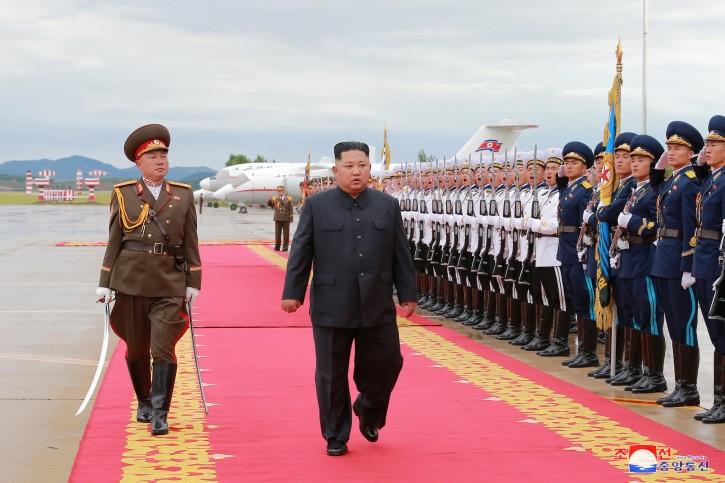 North Korea's leader Kim Jong Un inspects an honour guard ahead of his departure to Singapore in Pyongyang June 10, 2018. KCNA via REUTERS