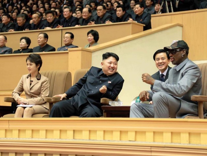 FILE - North Korean leader Kim Jong Un (2nd L) watches a basketball game between former U.S. NBA basketball players and North Korean players of the Hwaebul team of the DPRK with Dennis Rodman (R) at Pyongyang Indoor Stadium in this undated photo released by North Korea's Korean Central News Agency (KCNA) in Pyongyang January 9, 2014. REUTERS/KCNA