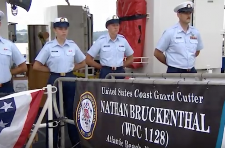 The Coast Guard named a ship after slain Jewish-American Coast Guardsman Nathan Bruckenthal, in Alexandria, Va., July 25, 2018. (Screenshot from YouTube)