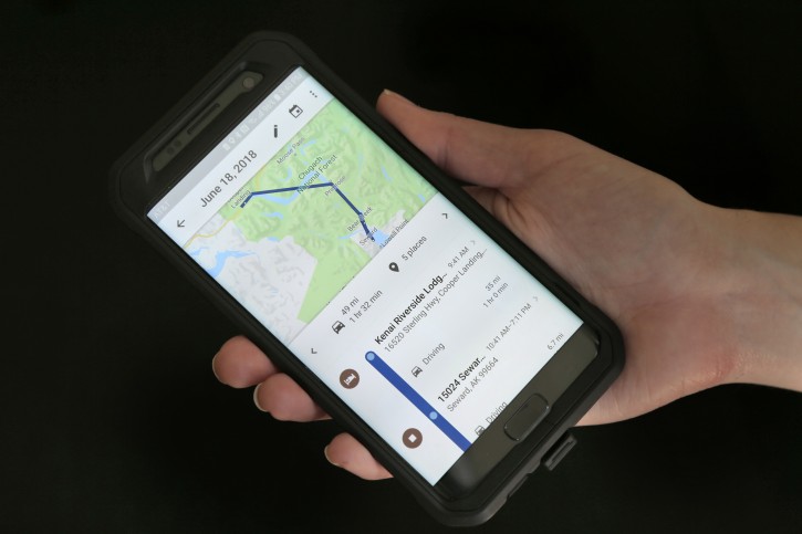 In this Wednesday, Aug. 8, 2018, photo a mobile phone displays a user's travels in New York. Google records your movements even when you explicitly tell it not to. An Associated Press investigation shows that using Google services on Android devices and iPhones allows the search giant to record your whereabouts as you go about your day. (AP Photo/Seth Wenig)