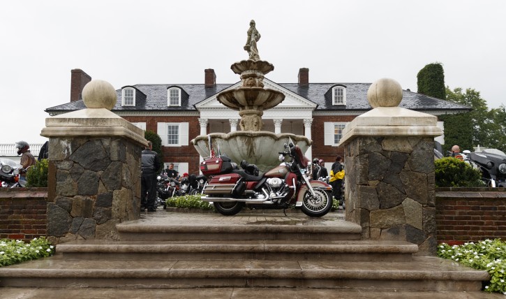 Motorcycles as parked in front of the clubhouse of Trump National Golf Club in Bedminster, N.J., Saturday, Aug. 11, 2018, before President Donald Trump meets with member of Bikers for Trump and supporters.  (AP Photo/Carolyn Kaster)