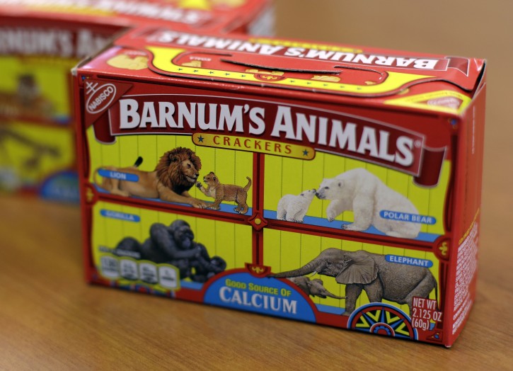 This Monday, Aug. 20, 2018, photo shows boxes of Nabisco's Barnum's Animals crackers in Chicago. After more than a century behind bars, the beasts on boxes of animal crackers are roaming free. The new boxes retain their familiar red and yellow coloring and prominent "Barnum's Animals" lettering. But instead of showing the animals in cages, implying that they're traveling in boxcars for the circus, the new boxes feature a zebra, elephant, lion, giraffe and gorilla wandering side-by-side in a grassland. (AP Photo/Kiichiro Sato)