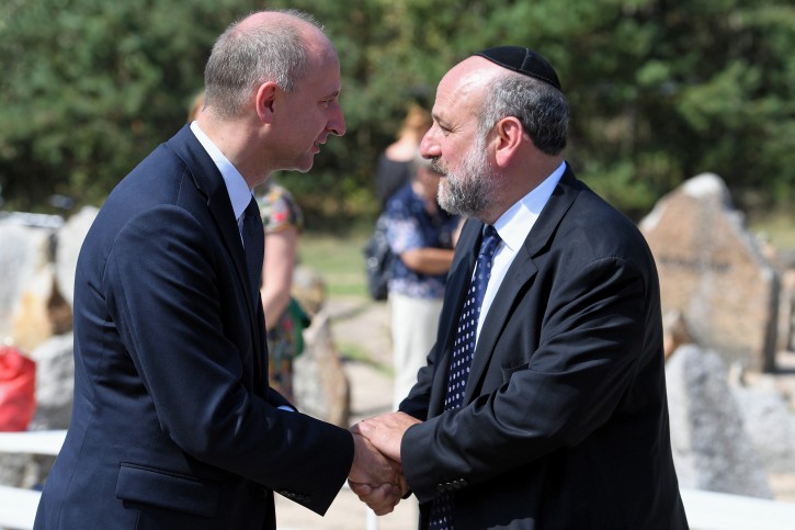 Undersecretary of state at the Polish President's Office Wojciech Kolarski (L) and Chief Polish rabbi Michael Schudrich (R) during the ceremonies commemorating the 75th anniversary of the prisoners armed revolt in the Museum of Struggle and Martyrdom in Treblinka, eastern Poland, 02 August 2018. EPA