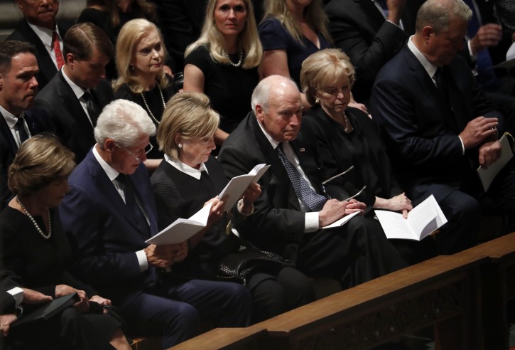 at a memorial services for Sen. John McCain, R-Ariz., at Washington Nationals Cathedral in Washington, Saturday, Sept. 1, 2018. McCain died Aug. 25, from brain cancer at age 81. (AP Photo/Pablo Martinez Monsivais)