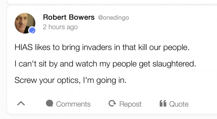 This image shows a portion of an archived webpage from the social media website Gab, with a Saturday, Oct. 27, 2018 posting by Pittsburgh synagogue shooting suspect Robert Bowers. HIAS, mentioned in the posting, is a Maryland-based nonprofit group that helps refugees around the world find safety and freedom. (AP Photo)