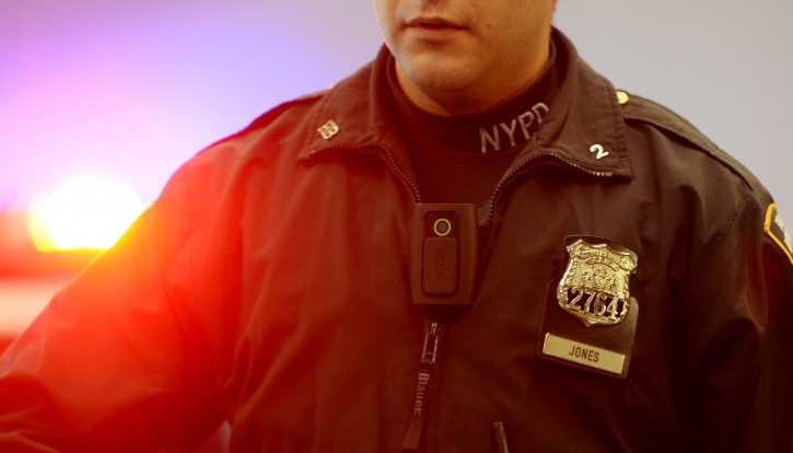 FILE - New York City Police officer Joshua Jones (R) demonstrates a car stop while wearing one of the body cameras that are going to be used by the New York City Police Department at a press conference at the New York City Police Academy in Flushing, New York, USA, 03 December 2014. EPA