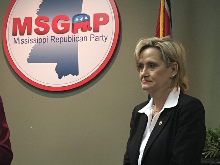 Republican U.S. Sen. Cindy Hyde-Smith of Mississippi at a news conference at the state Republican Party headquarters in Jackson, Miss., on Monday, Nov. 12, 2018, (AP Photo/Emily Wagster Pettus)