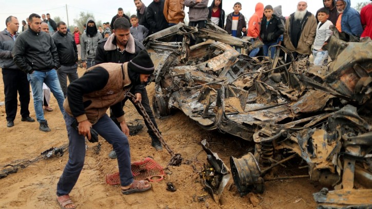 FILE - Remains of the vehicle used by the force after it was bombed by the IAF. REUTERS