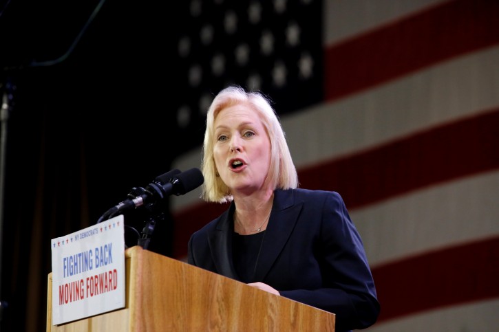 Democratic senator Kirsten Gillibrand addresses the crowd after news of her reelection at the midterm election night party in New York City, U.S. November 6, 2018.  REUTERS/Caitlin Ochs
