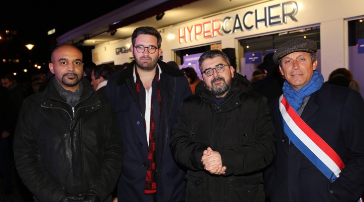 From left to right, Dominique Sopo, Sacha Ghozlan, Mohamed Sifaoui and Sen. David Assouline attend the annual commemoration for the victims of the 2015 jihadist attack at the HyperCacher store in Paris, Jan. 9, 2019. Ghozlan is the president of the Union of Jewish Students of France. (Alain Azria)