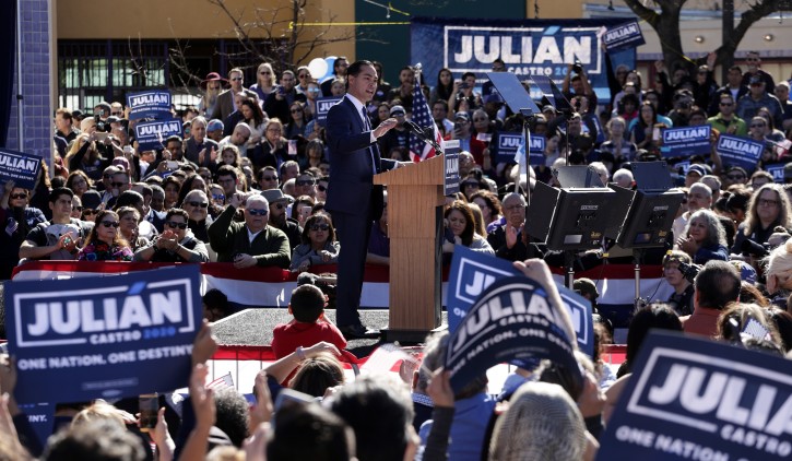 Former San Antonio Mayor and Housing and Urban Development Secretary Julian Castro speaks during an event  where he announced his decision to seek the 2020 Democratic presidential nomination, Saturday, Jan. 12, 2019, in San Antonio. (AP Photo/Eric Gay)