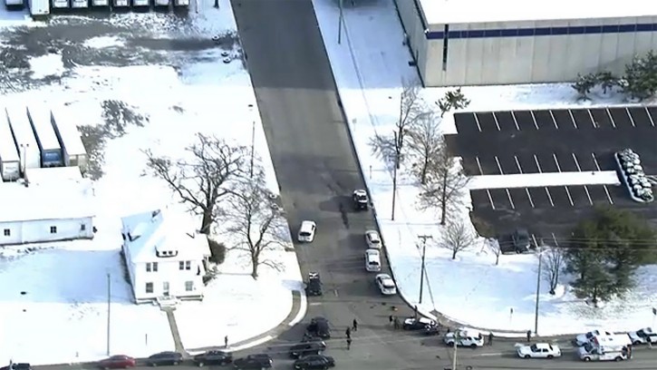 In this image provided by WPVI-TV/6ABC, police respond to a report of an active shooter at a United Parcel Service facility in Logan Township, N.J., Monday, Jan. 14, 2019. (WPVI-TV/6ABC via AP)