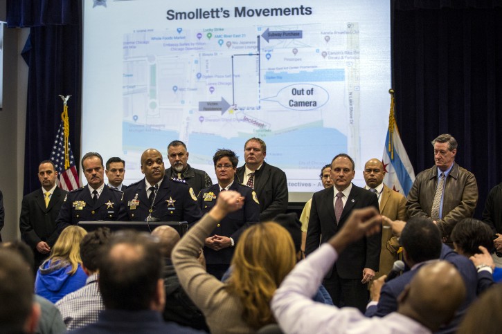 Chicago Police Supt. Eddie Johnson, fourth from left, speaks during a press conference at CPD headquarters, Thursday, Feb. 21, 2019, in Chicago, after actor Jussie Smollett turned himself in on charges of disorderly conduct and filing a false police report. The "Empire" staged a racist and homophobic attack because he was unhappy about his salary and wanted to promote his career, Johnson said Thursday. (Ashlee Rezin/Chicago Sun-Times via AP)