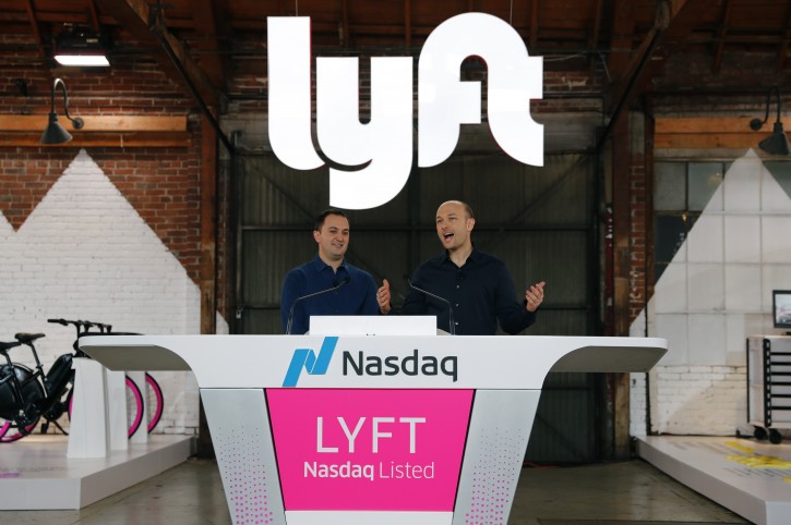 Lyft President John Zimmer and CEO Logan Green speak as Lyft lists on the Nasdaq at an IPO event in Los Angeles March 29, 2019. REUTERS/Mike Blake