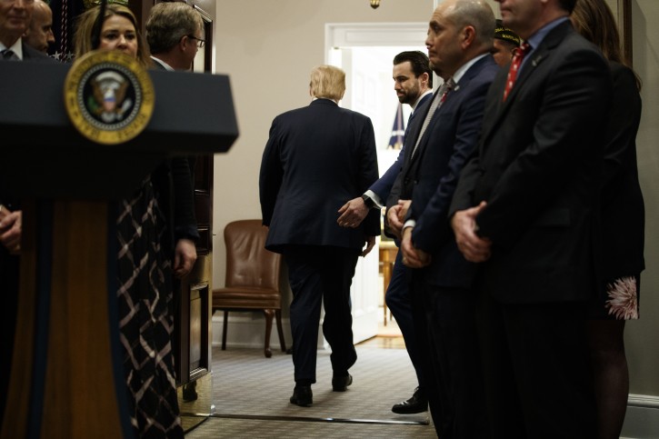 President Donald Trump departs after a signing ceremony for an executive order on a "National Roadmap to Empower Veterans and End Veteran Suicide," in the Roosevelt Room of the White House, Tuesday, March 5, 2019, in Washington. (AP Photo/ Evan Vucci)