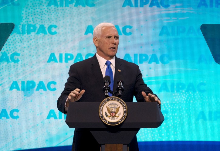 Vice President Mike Pence speaks  at the 2019 American Israel Public Affairs Committee (AIPAC) policy conference, at Washington Convention Center, in Washington, Monday, March 25, 2019. (AP Photo/Jose Luis Magana)