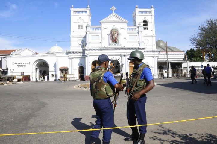  Sri Lankan security personal stand guard outside St. Anthony's Church in Kochchikade, Colombo, Sri Lanka, 22 April 2019.