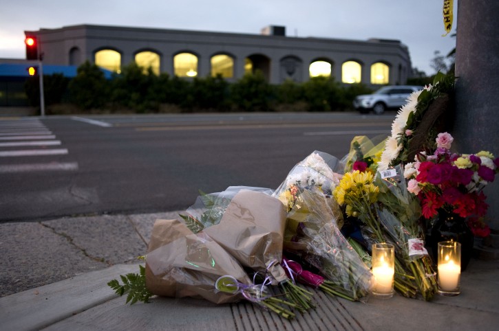 Flowers and candles sit at a makeshift shrine across the road from the Chabad of Poway synagogue in Poway, California, USA, 27 April 2019. EPA