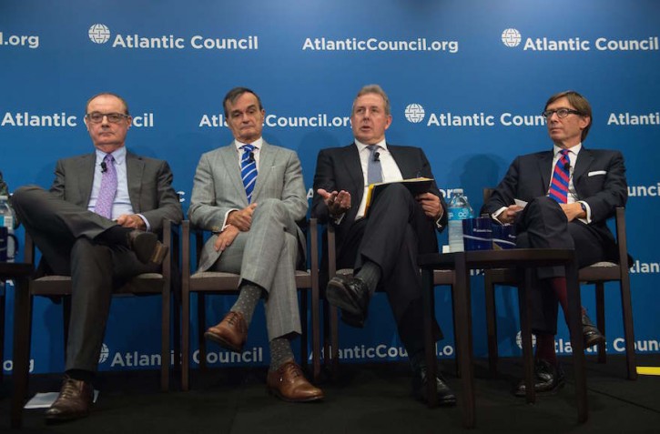 From left: European Union Ambassador to the US David O'Sullivan, French Ambassador to the US Gerard Araud, British Ambassador to the US Kim Darrouch and German Ambassador to the US Peter Wittig at the Atlantic Council in Washington, D.C., Sept. 25, 2017. (Nicholas Kamm/AFP/Getty Images)