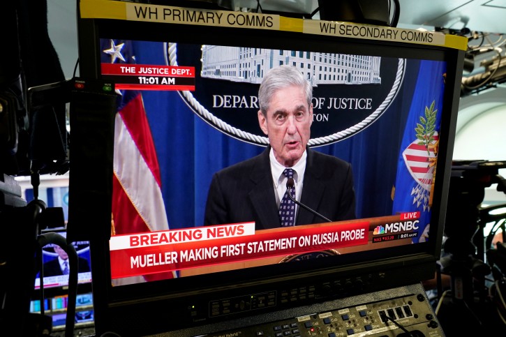 Special Counsel Robert Mueller is shown speaking on a monitor about his report into Russia's role in the 2016 U.S. election and any potential wrong doing by President Donald Trump, in the Briefing Room of the White House in Washington, U.S., May 29, 2019.      REUTERS/Joshua Roberts