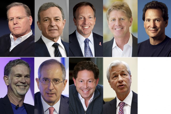 This photo combination shows the highest-paid CEOs at big U.S. companies for 2018, as calculated by The Associated Press and Equilar, an executive data firm. Top row, from left: David Zaslav, Discovery, $129.5 million; Robert Iger, Walt Disney, $65.6 million; Stephen MacMillan, Hologic, $42 million; and Joseph Hogan, Align Technology, $41.8 million; and Daniel Schulman, PayPal, $37.8 million. Bottom row, from left: Reed Hastings, Netflix, $36.1 million; Brian Roberts, Comcast, $35 million; Robert Kotick, Activision Blizzard, $30.8 million; and James Dimon, JPMorgan Chase, $30 million. (AP Photo)