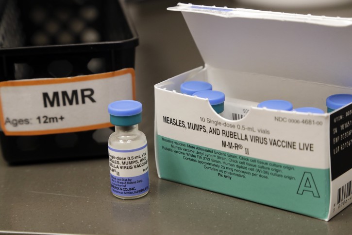 In this photo taken Wednesday, May 15, 2019, a dose of the measles, mumps and rubella vaccine is displayed at the Neighborcare Health clinics at Vashon Island High School in Vashon Island, Wash. (AP Photo/Elaine Thompson, File)