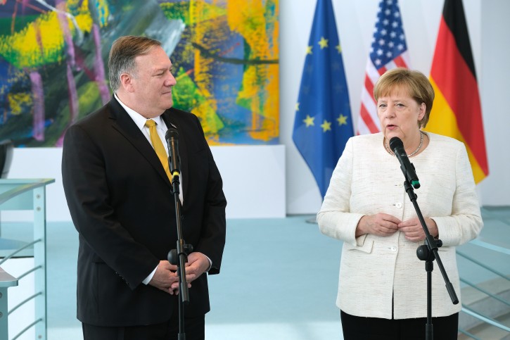 German Chancellor Angela Merkel (R) and US Secretary of State Mike Pompeo (L) give statements to the media prior to talks at the Chancellery in Berlin, Germany, 31 May 2019. EPA
