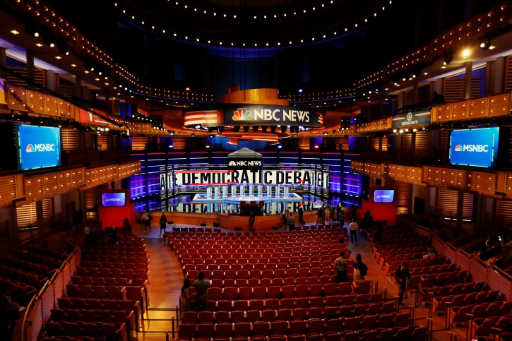 The stage of the first 2020 U.S. presidential election Democratic candidates debate is seen before the first 10 of 20 total Democratic candidates take the stage to start a debate that will be held over the course of two nights at the Adrienne Arsht Performing Arts Center in Miami, U.S. June 26, 2019. REUTERS/Mike Segar