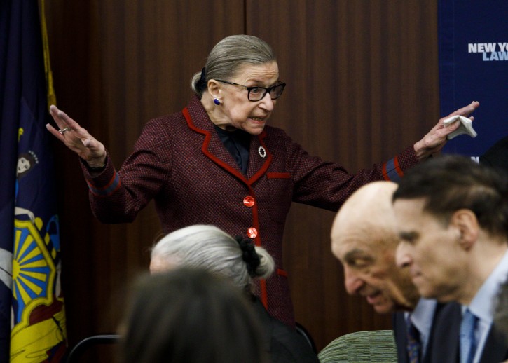 United States Supreme Court Justice Ruth Bader Ginsburg asks the audience to sit down at the start of an event at New York Law School in New York, New York, USA, 06 February 2018.  EPA-EFE/JUSTIN LANE