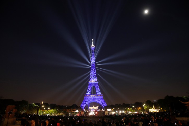 FILE -  A light show is on display at the Eiffel tower in Paris, France, 15 May 2019. The Eiffel tower celebrates its 130th anniversary.  EPA-EFE/YOAN VALAT