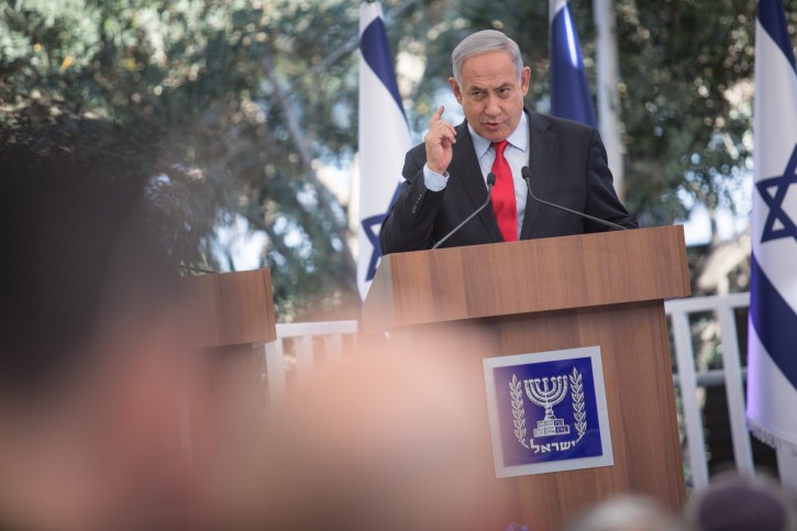 FILE - Prime Minister Benjamin Netanyahu speaks during an event honoring outstanding IDF reservists, at the President's residence in Jerusalem on July 1, 2019. Photo by Hadas Parush/Flash90